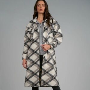 Elan Black Grey Plaid Long Brushed Shacket